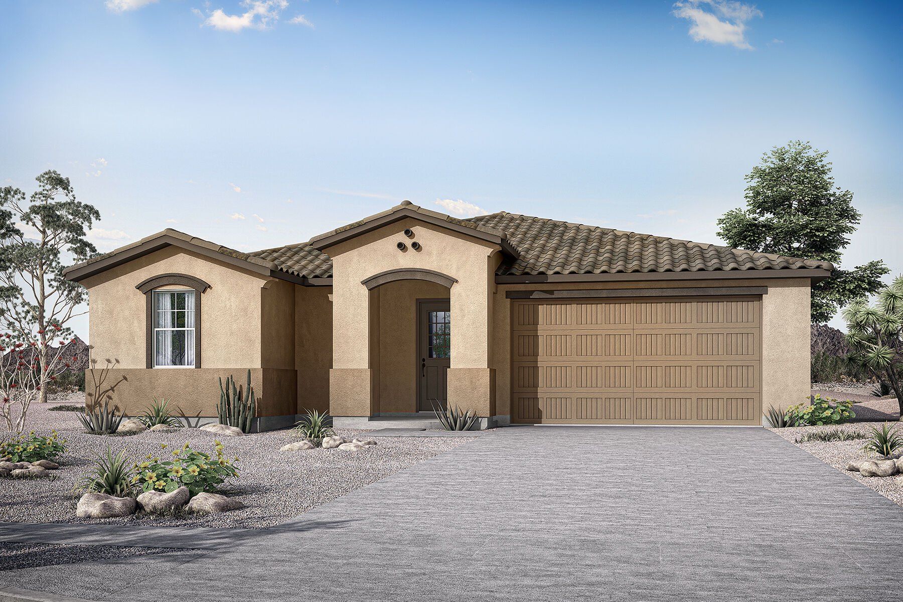Front exterior of a new home in Empire Pointe, Queen Creek, AZ, highlighting curb appeal (Image 1). Front exterior of a new home in Empire Pointe, Queen Creek, AZ, highlighting curb appeal (Image 1).