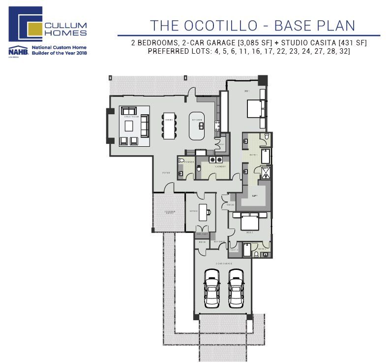 2D floor plan layout for the Ocotillo by Cullum Homes in Village at Seven Desert Mountain, Scottsdale, AZ (Image 1).