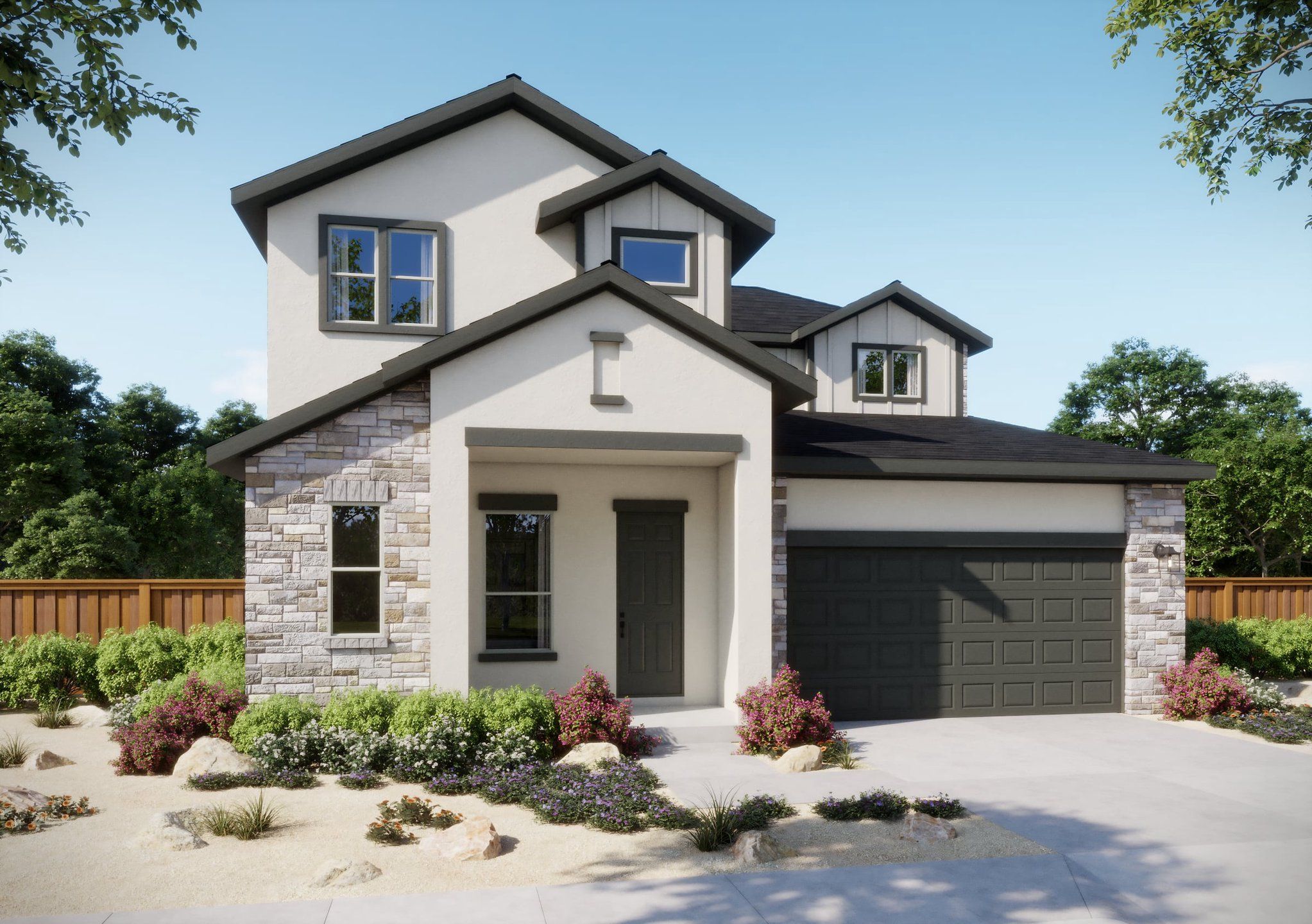 Front exterior of a new home in Sauls Ranch, Round Rock, TX, highlighting curb appeal (Image 1).