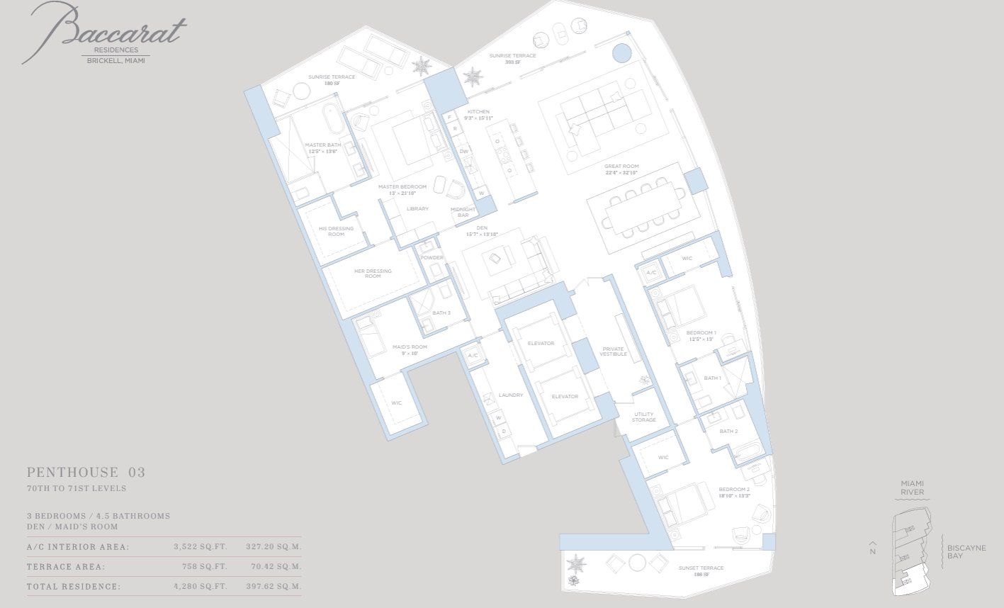 2D floor plan layout for the penthouse 3 by Related Group in Baccarat Residences Miami, Miami, FL (Image 1).