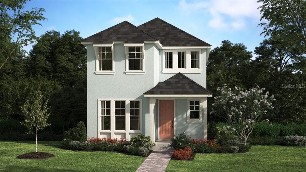 Front exterior of a new home in Spring Walk at The Junction, Debary, FL, highlighting curb appeal (Image 1).