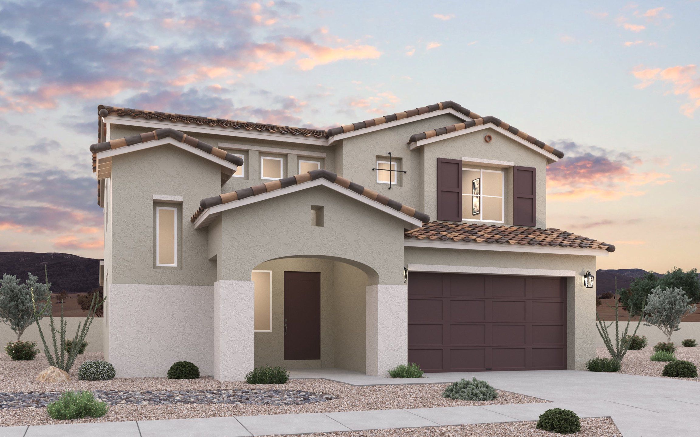 Front exterior of a new home in Sunrise, Surprise, AZ, highlighting curb appeal (Image 1). Front exterior of a new home in Sunrise, Surprise, AZ, highlighting curb appeal (Image 1).