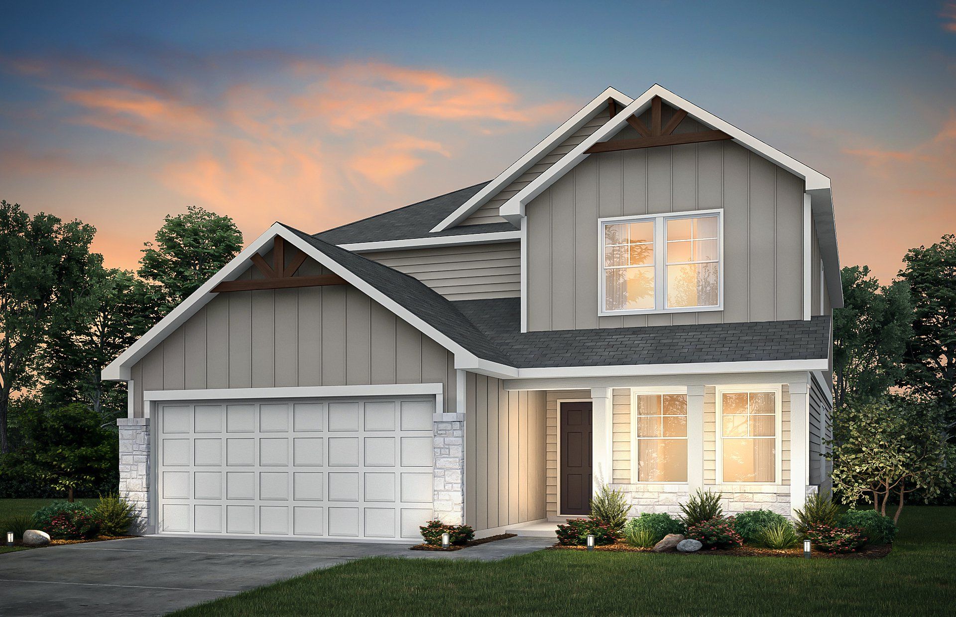 Front exterior of a new home in Patterson Ranch, Georgetown, TX, highlighting curb appeal (Image 1).