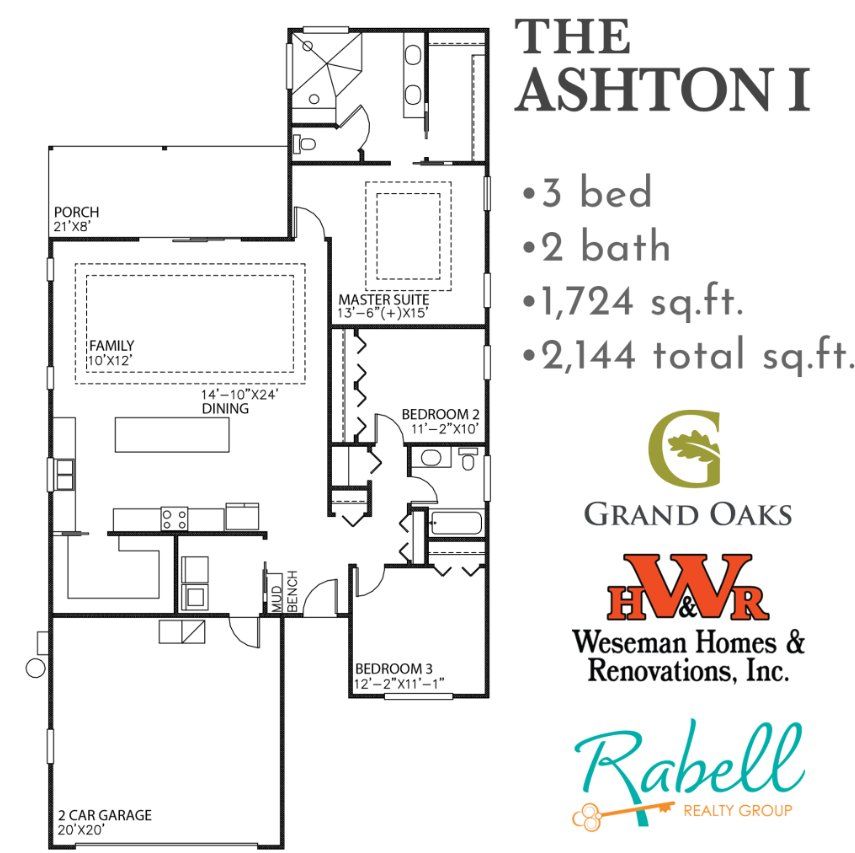 2D floor plan layout for the Ashton by Weseman Homes & Renovations in Grand Oaks, Gainesville, FL (Image 1).