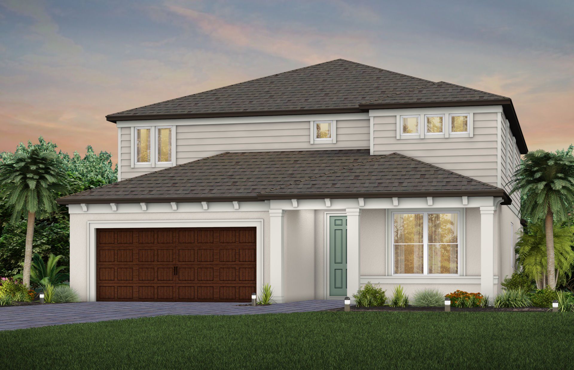 Front exterior of a new home in Vida's Way, Wesley Chapel, FL, highlighting curb appeal (Image 1). Front exterior of a new home in Vida's Way, Wesley Chapel, FL, highlighting curb appeal (Image 1).