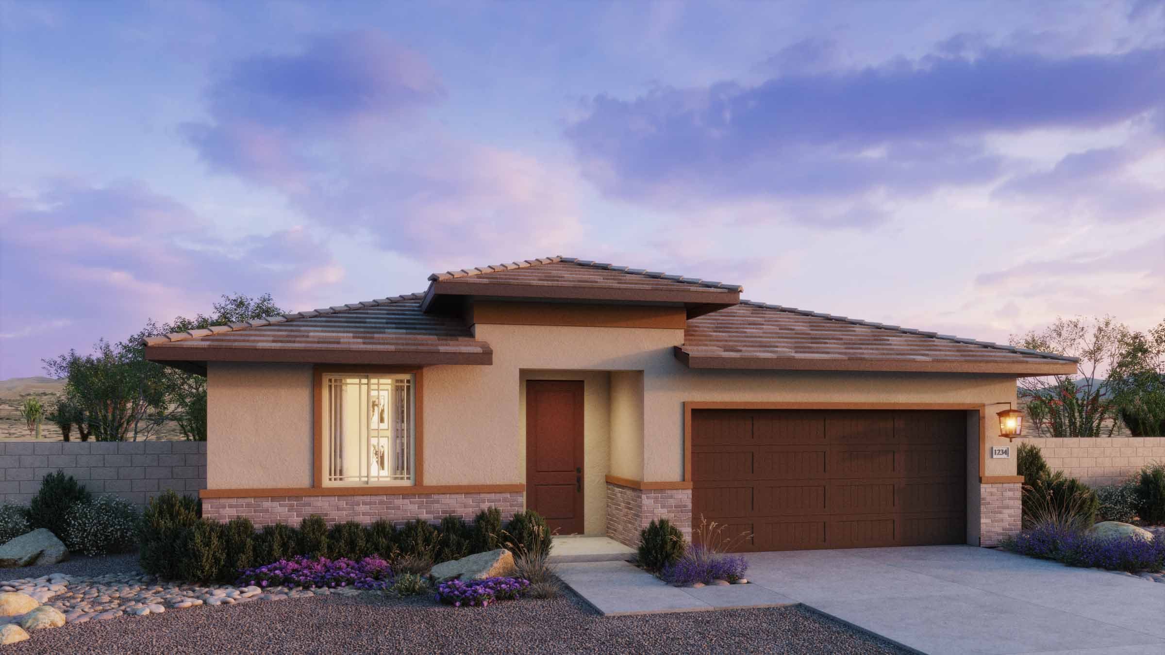 Front exterior of a new home in Copper Falls, Buckeye, AZ, highlighting curb appeal (Image 1). Front exterior of a new home in Copper Falls, Buckeye, AZ, highlighting curb appeal (Image 1).
