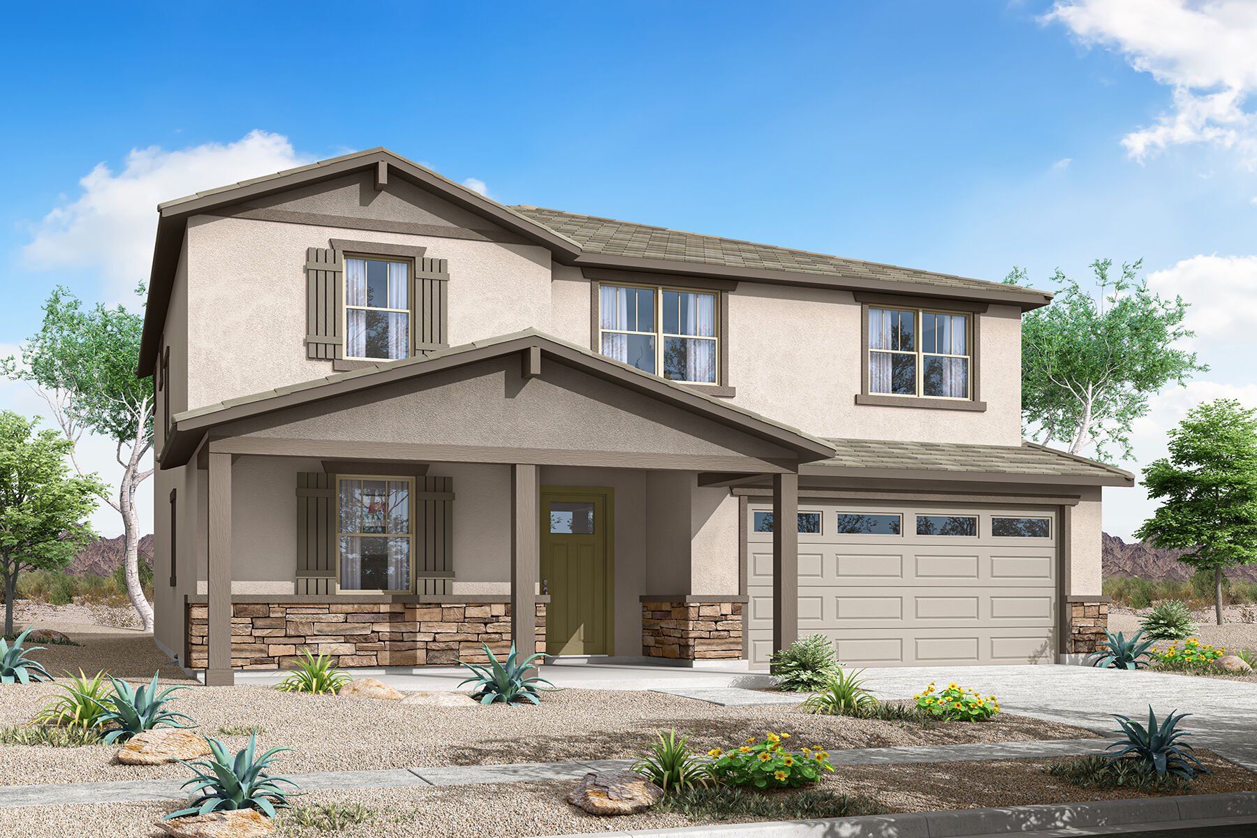 Front exterior of a new home in Tyler Ranch, Buckeye, AZ, highlighting curb appeal (Image 1). Front exterior of a new home in Tyler Ranch, Buckeye, AZ, highlighting curb appeal (Image 1).