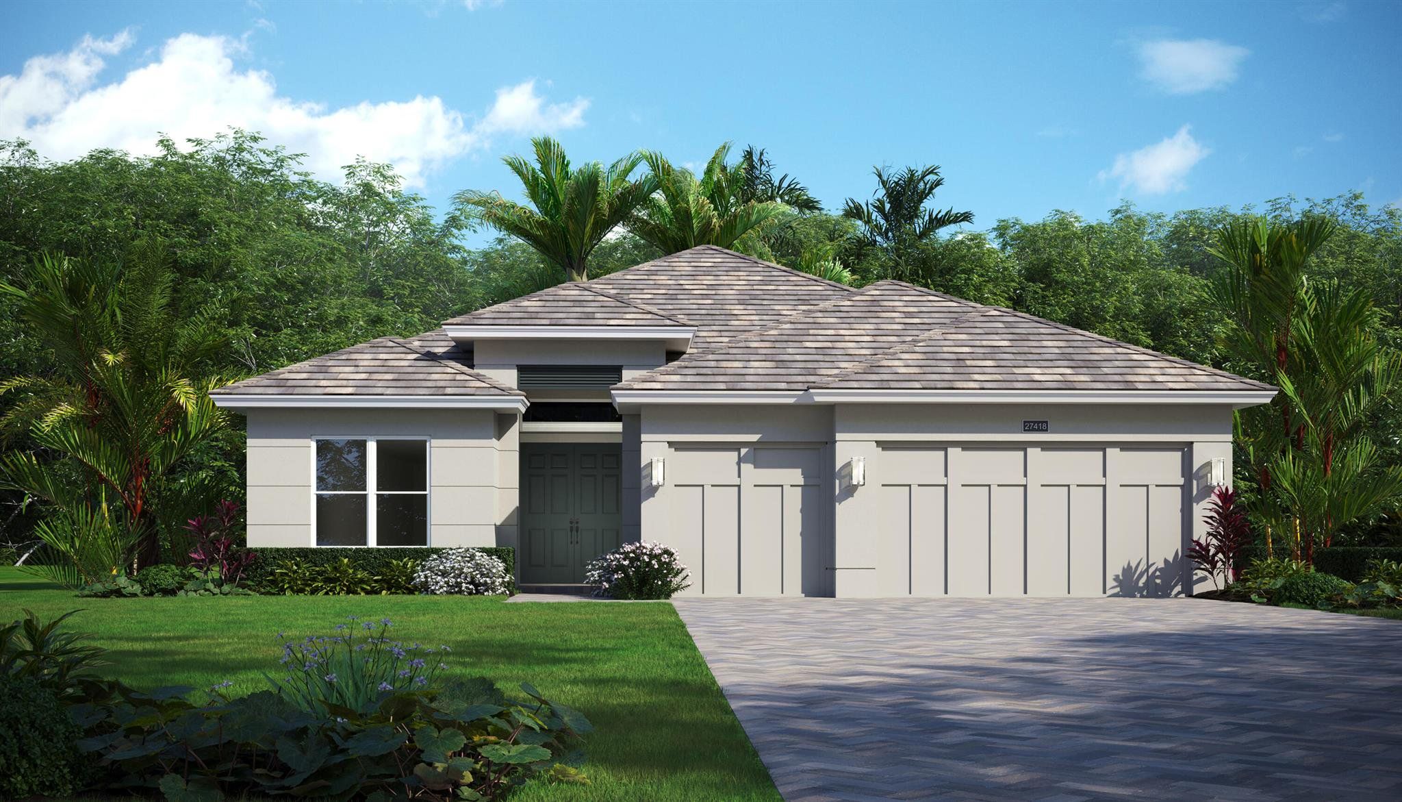 Front exterior of a new home in Lucaya Pointe, Vero Beach, FL, highlighting curb appeal (Image 1).