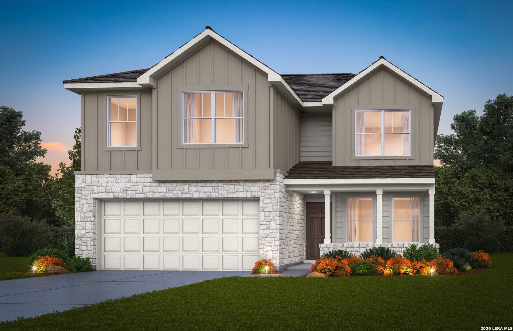 Front exterior of a new home in Horizon Ridge, San Antonio, TX, highlighting curb appeal (Image 1). Front exterior of a new home in Horizon Ridge, San Antonio, TX, highlighting curb appeal (Image 1).