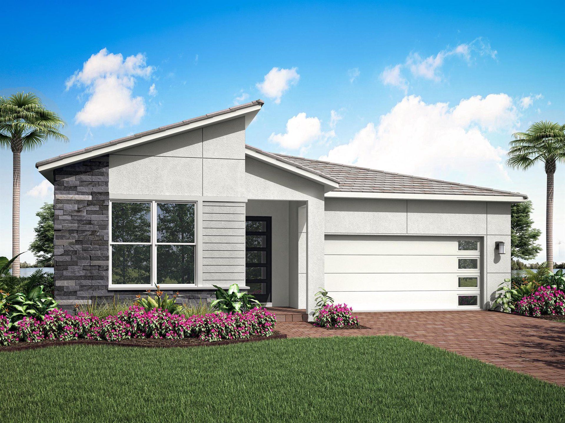 Front exterior of a new home in Tradition - Seville, Port St. Lucie, FL, highlighting curb appeal (Image 1).