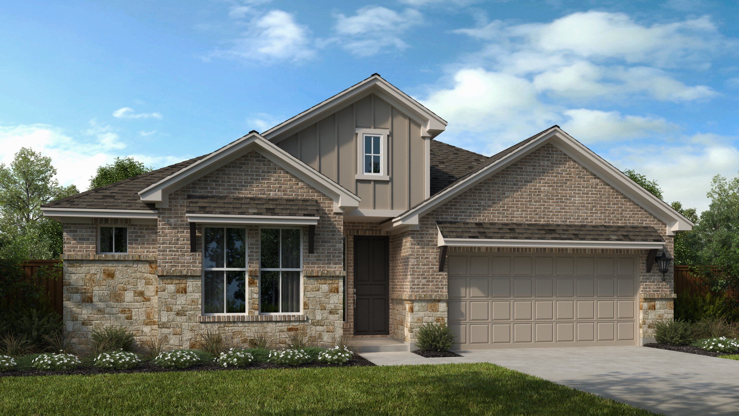 Front exterior of a new home in East View Farms, Georgetown, TX, highlighting curb appeal (Image 1). Front exterior of a new home in East View Farms, Georgetown, TX, highlighting curb appeal (Image 1).