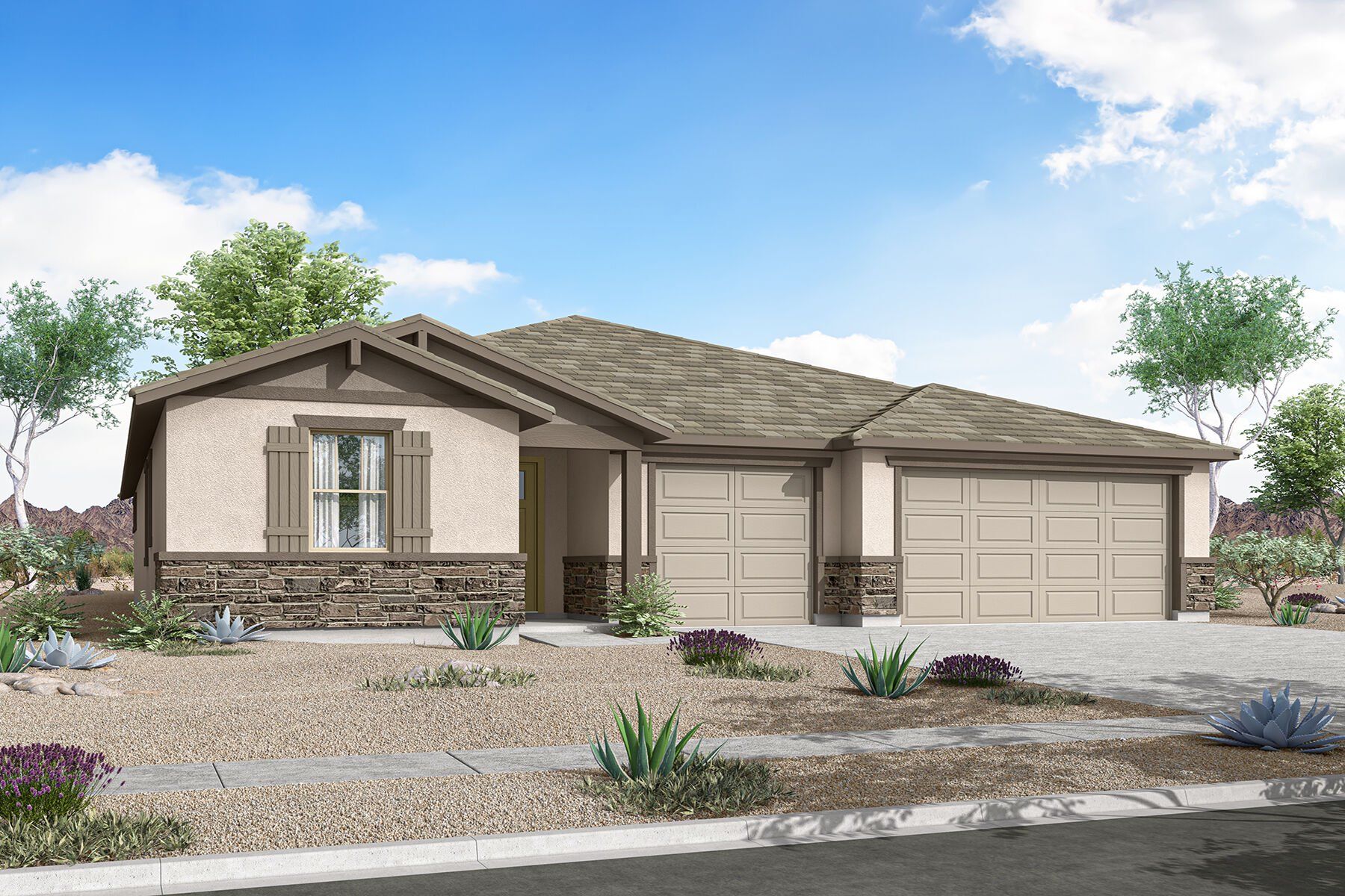 Front exterior of a new home in Las Ventanas, Goodyear, AZ, highlighting curb appeal (Image 1). Front exterior of a new home in Las Ventanas, Goodyear, AZ, highlighting curb appeal (Image 1).