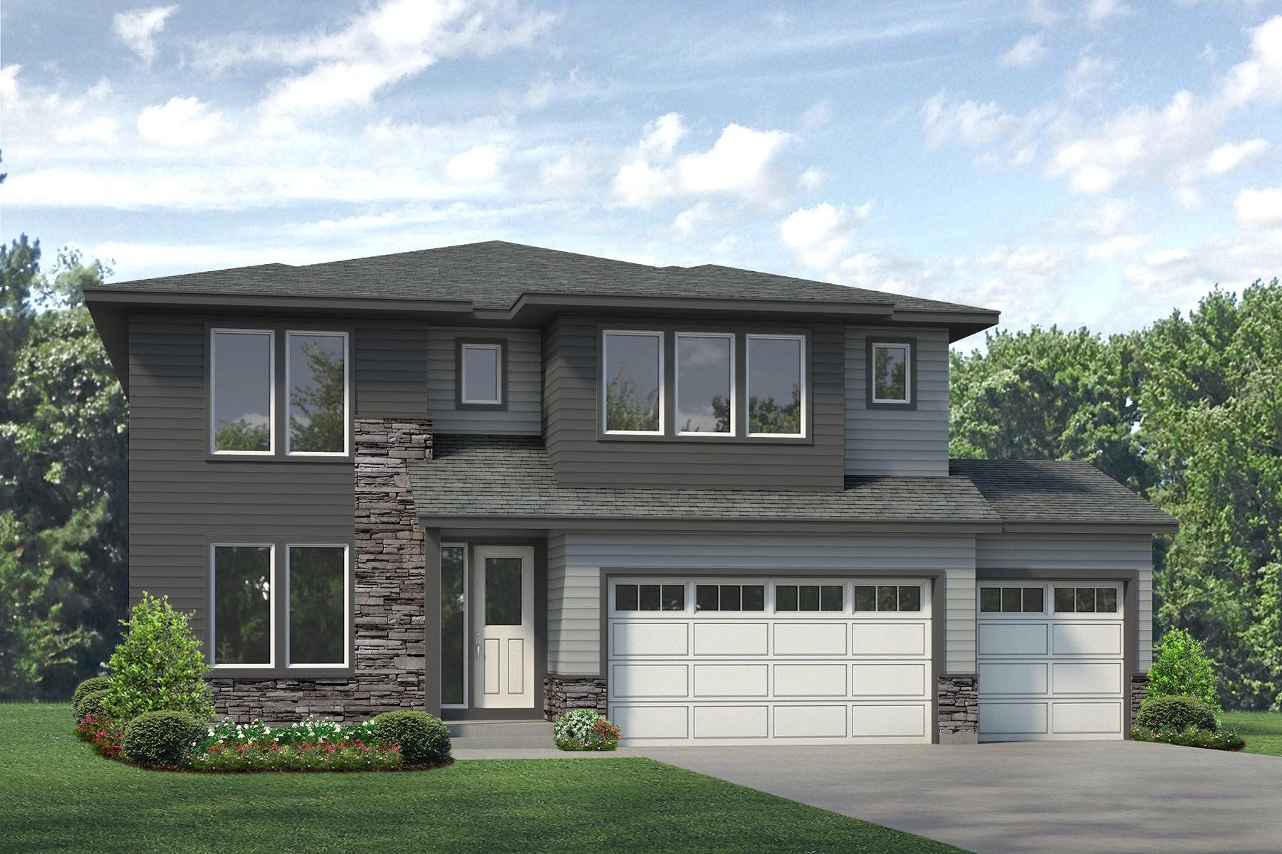 Front exterior of a new home in Highlands Preserve, Mead, CO, highlighting curb appeal (Image 1).