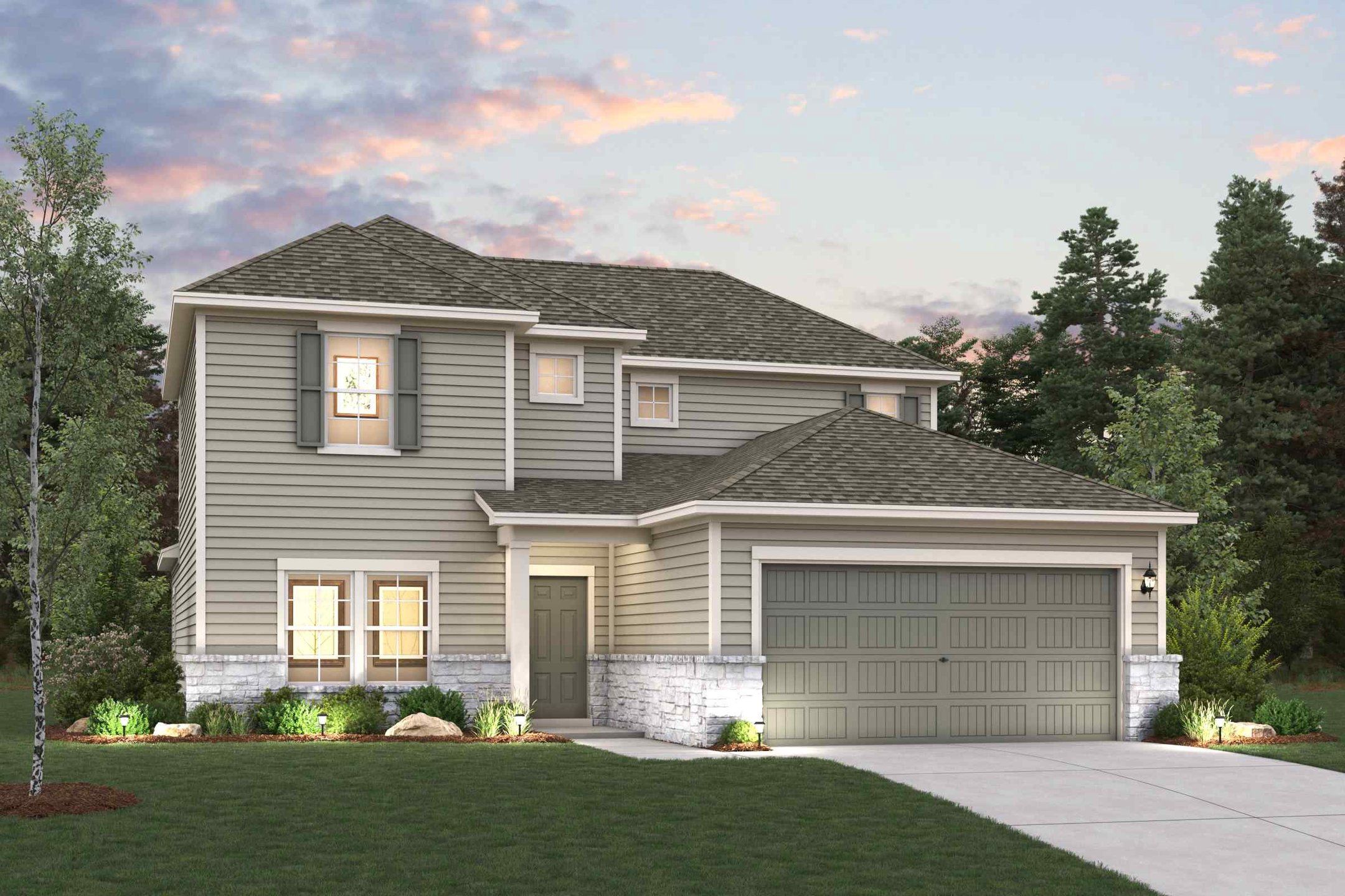Representative exterior photo of a completed home built from the Lassen by Century Communities in Hickory Hill, Sherman, TX (Image 1). Representative exterior photo of a completed home built from the Lassen by Century Communities in Hickory Hill, Sherman, TX (Image 1).