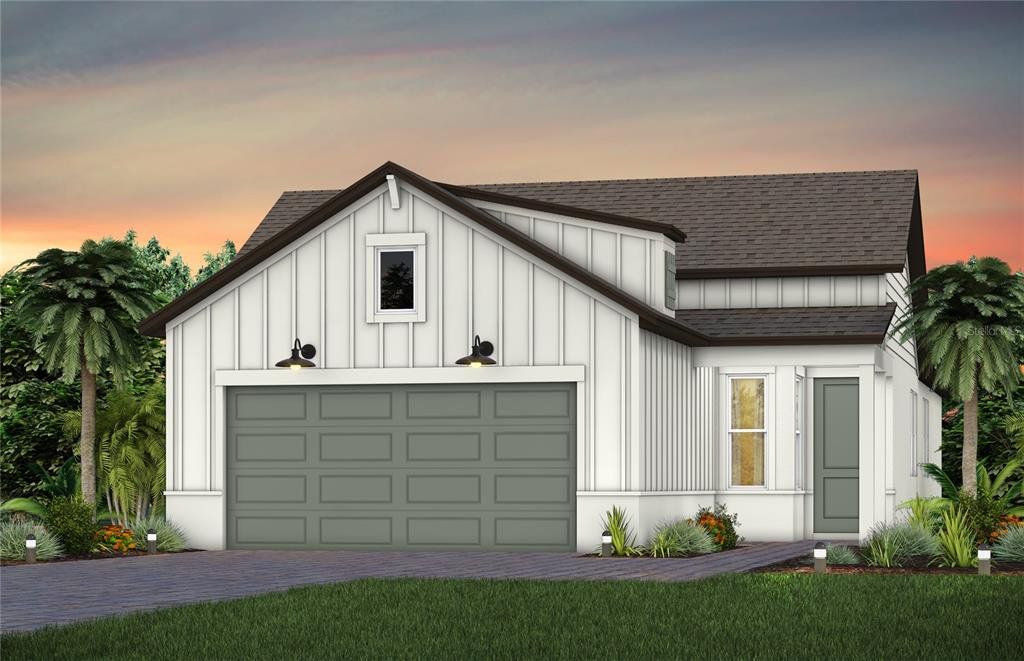 Front exterior of a new home in Del Webb Sunchase, Parrish, FL, highlighting curb appeal (Image 1). Front exterior of a new home in Del Webb Sunchase, Parrish, FL, highlighting curb appeal (Image 1).