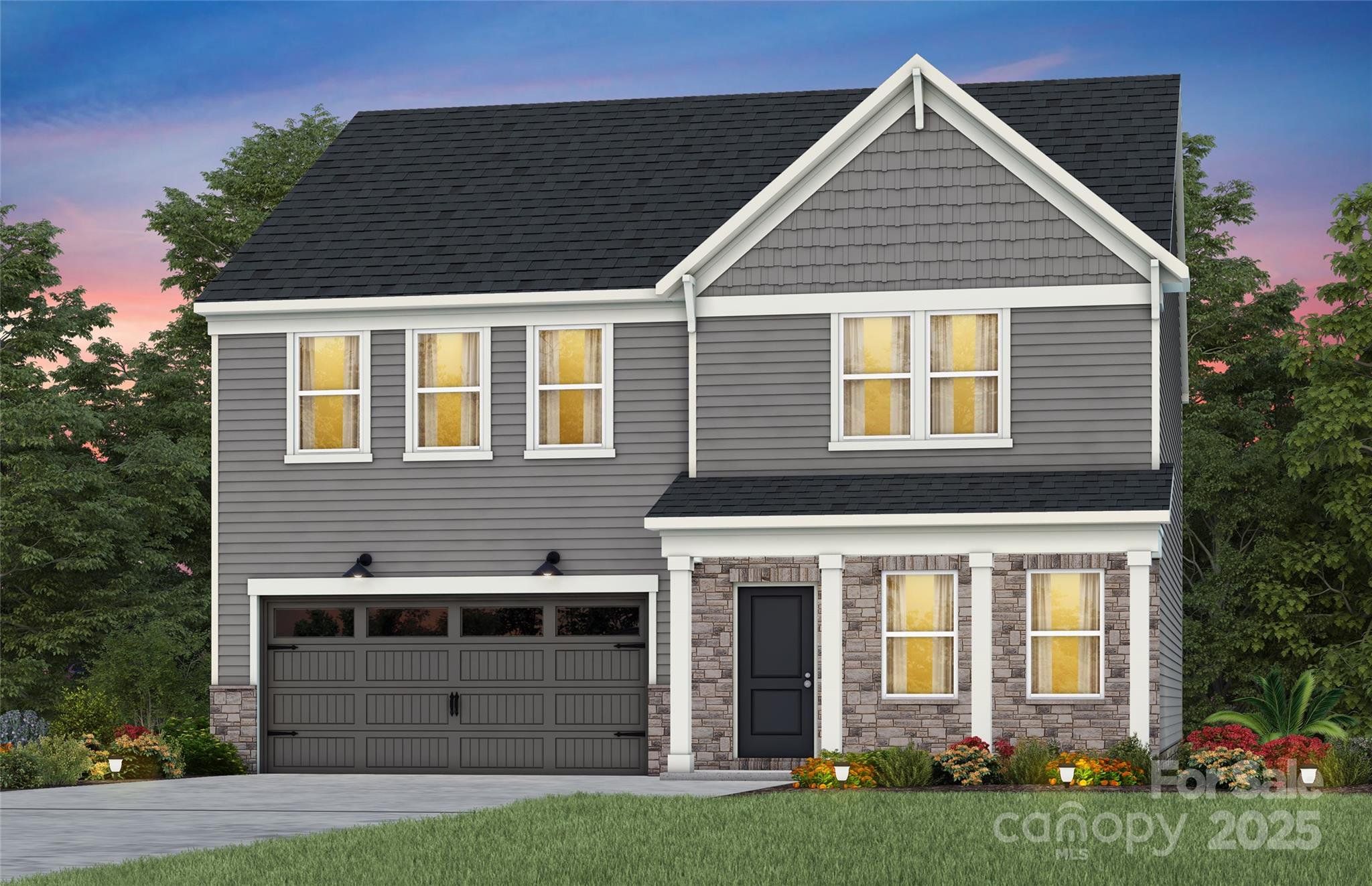 Front exterior of a new home in Riverstone, Monroe, NC, highlighting curb appeal (Image 1).