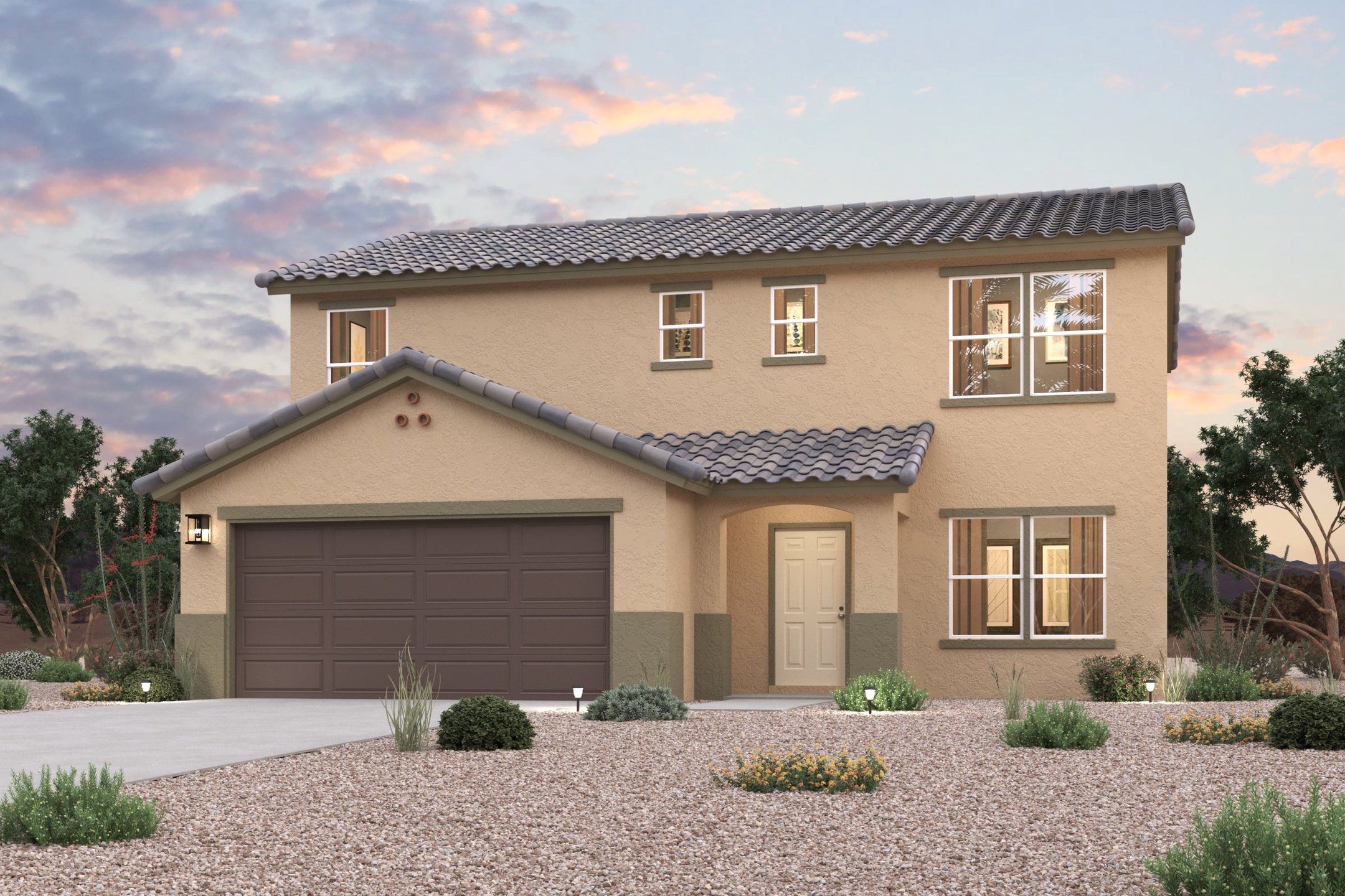 Front exterior of a new home in Entrada del Toro at Rancho Sahuarita, Sahuarita, AZ, highlighting curb appeal (Image 1). Front exterior of a new home in Entrada del Toro at Rancho Sahuarita, Sahuarita, AZ, highlighting curb appeal (Image 1).