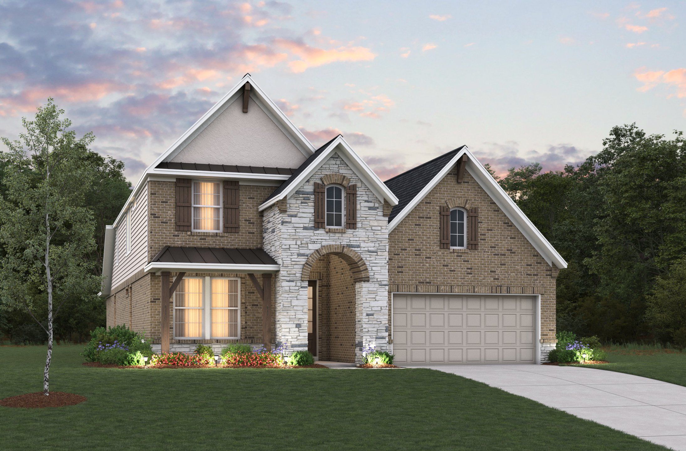 Representative exterior photo of a completed home built from the Sedona by Beazer Homes in Arcadian Estates, Pearland, TX (Image 1). Representative exterior photo of a completed home built from the Sedona by Beazer Homes in Arcadian Estates, Pearland, TX (Image 1).