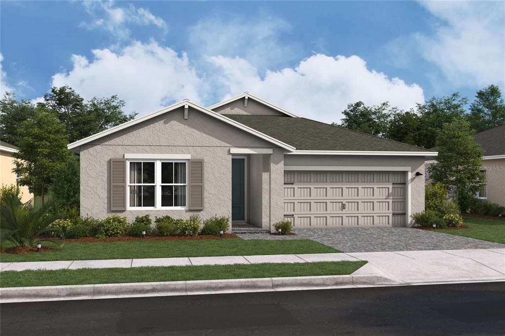 Front exterior of a new home in Aspire at Canter Creek, Davenport, FL, highlighting curb appeal (Image 1). Front exterior of a new home in Aspire at Canter Creek, Davenport, FL, highlighting curb appeal (Image 1).