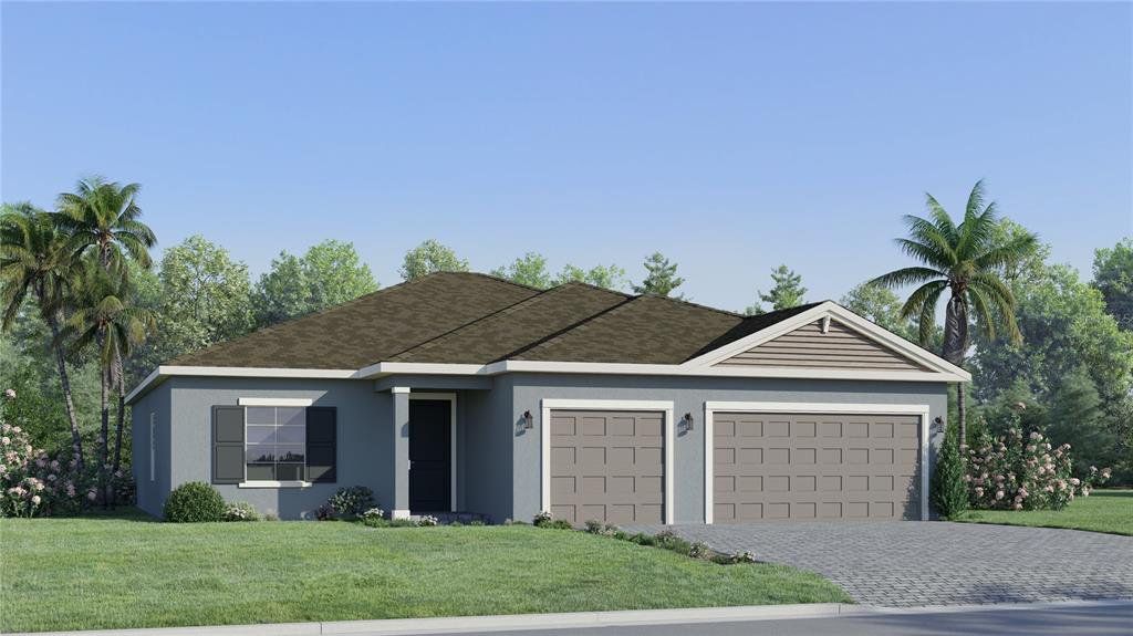 Front exterior of a new home in Juliette Falls, Dunnellon, FL, highlighting curb appeal (Image 1). Front exterior of a new home in Juliette Falls, Dunnellon, FL, highlighting curb appeal (Image 1).