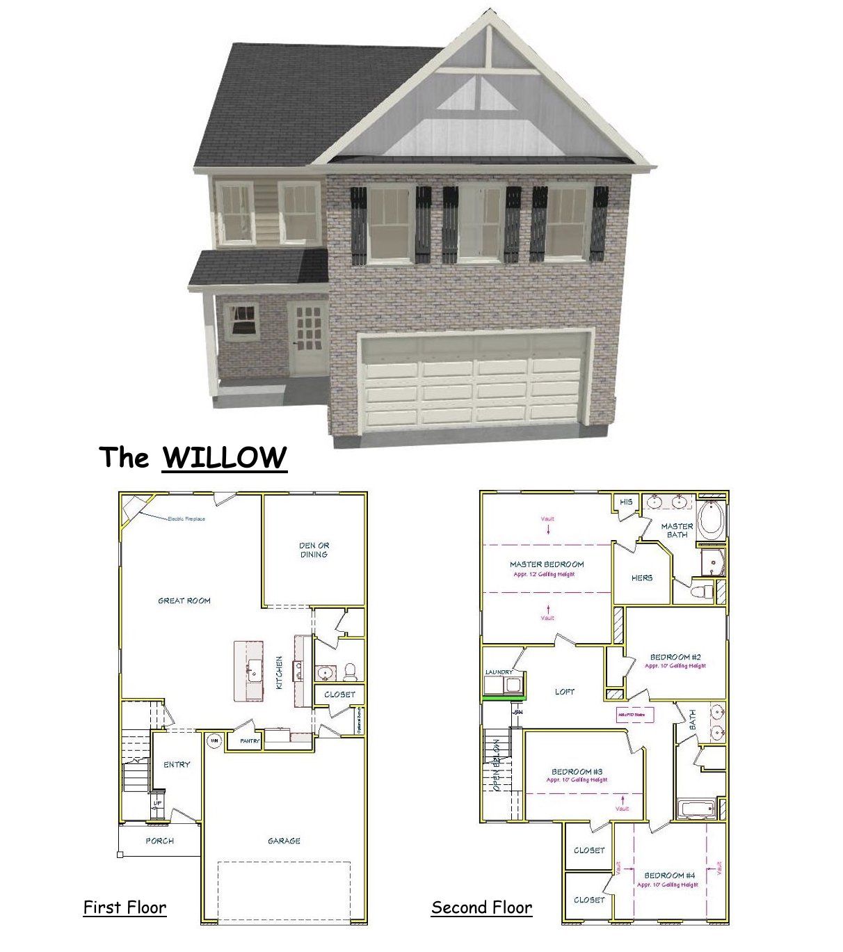 2D floor plan layout for the Willow by Capshaw in Shadow Creek, Jackson, GA (Image 1).