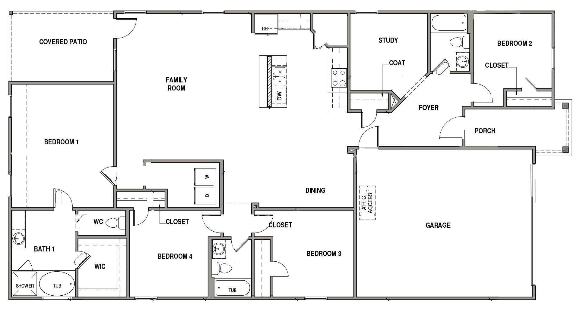 2D floor plan layout for the P001 by D.R. Horton in Lee Heights, Tom Bean, TX (Image 1). 2D floor plan layout for the P001 by D.R. Horton in Lee Heights, Tom Bean, TX (Image 1).