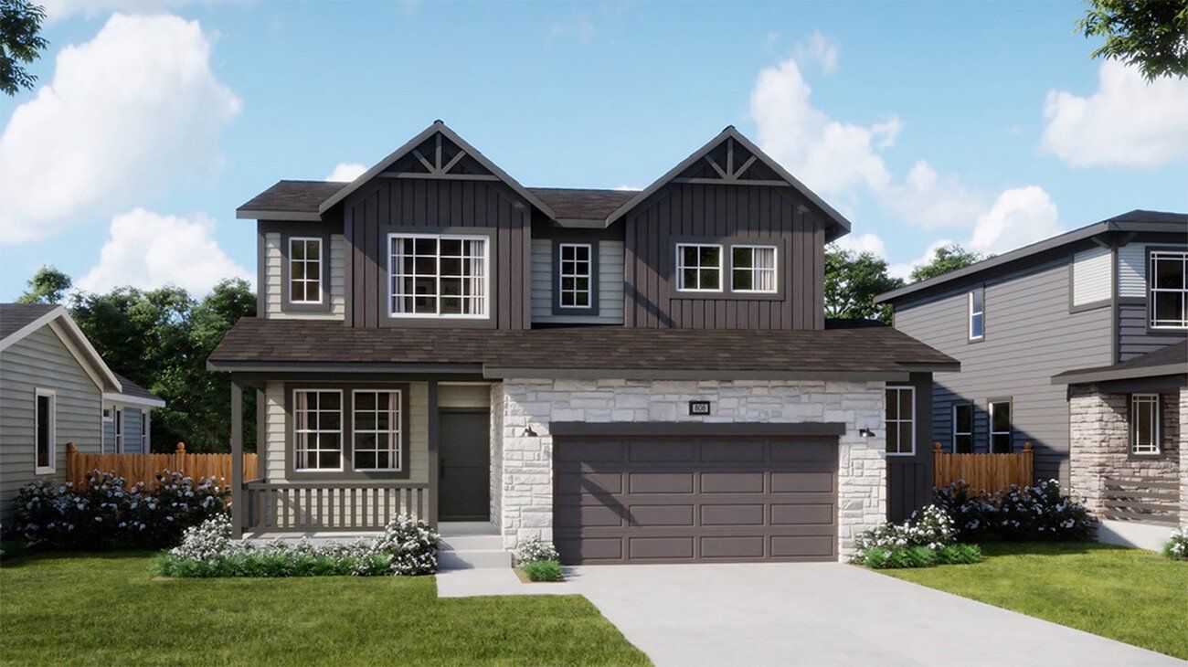 Front exterior of a new home in The Cottages Collection at Ridgeline Vista, Brighton, CO, highlighting curb appeal (Image 1). Front exterior of a new home in The Cottages Collection at Ridgeline Vista, Brighton, CO, highlighting curb appeal (Image 1).