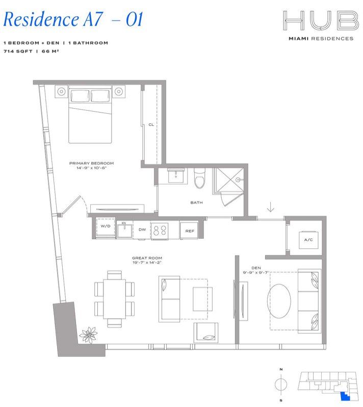 2D floor plan layout for the Residence A7 01 by The John Buck Company in HUB Miami, Miami, FL (Image 1).