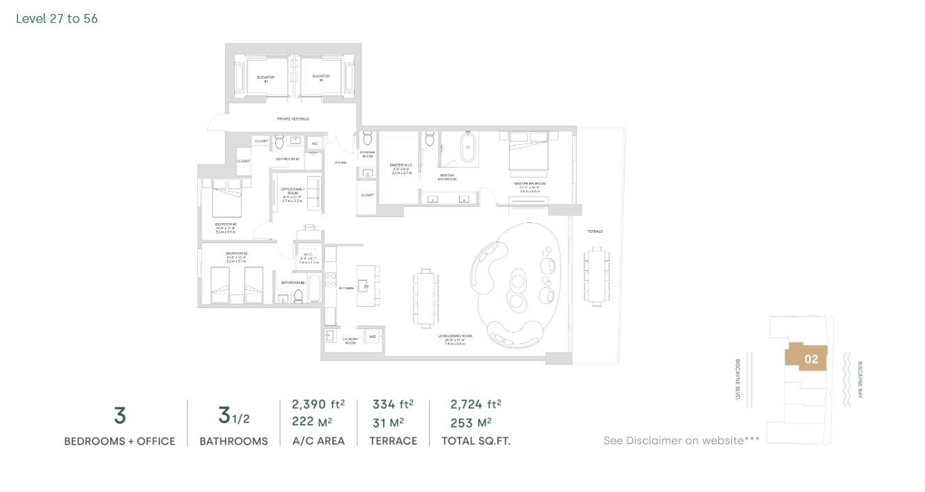 2D floor plan layout for the Line 02 - North Tower (Level 27 to 56) by The Melo Group in Aria Reserve, Miami, FL (Image 1).
