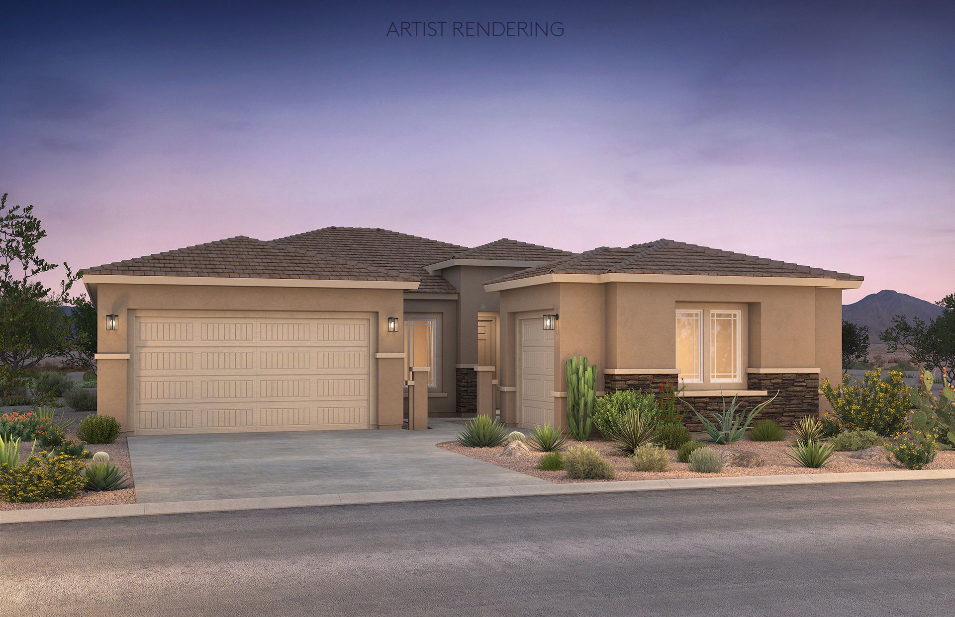 Front exterior of a new home in Legado West, Queen Creek, AZ, highlighting curb appeal (Image 1). Front exterior of a new home in Legado West, Queen Creek, AZ, highlighting curb appeal (Image 1).