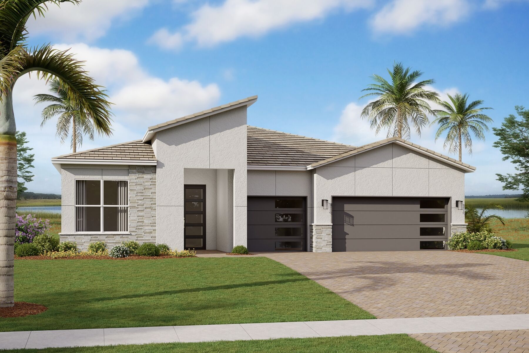 Front exterior of a new home in Tradition - Telaro, Port St. Lucie, FL, highlighting curb appeal (Image 1).