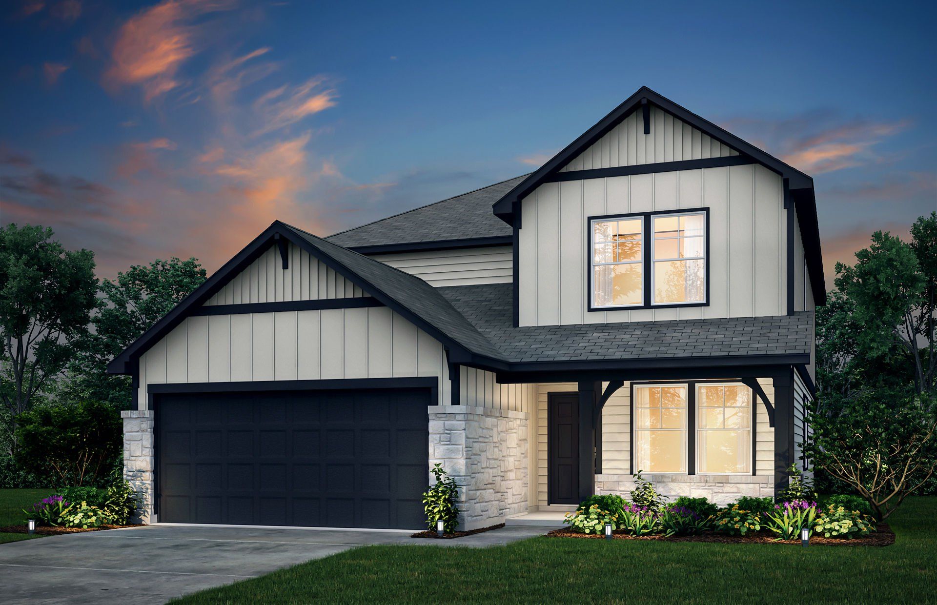Front exterior of a new home in The Overlook at Creekside, New Braunfels, TX, highlighting curb appeal (Image 1). Front exterior of a new home in The Overlook at Creekside, New Braunfels, TX, highlighting curb appeal (Image 1).