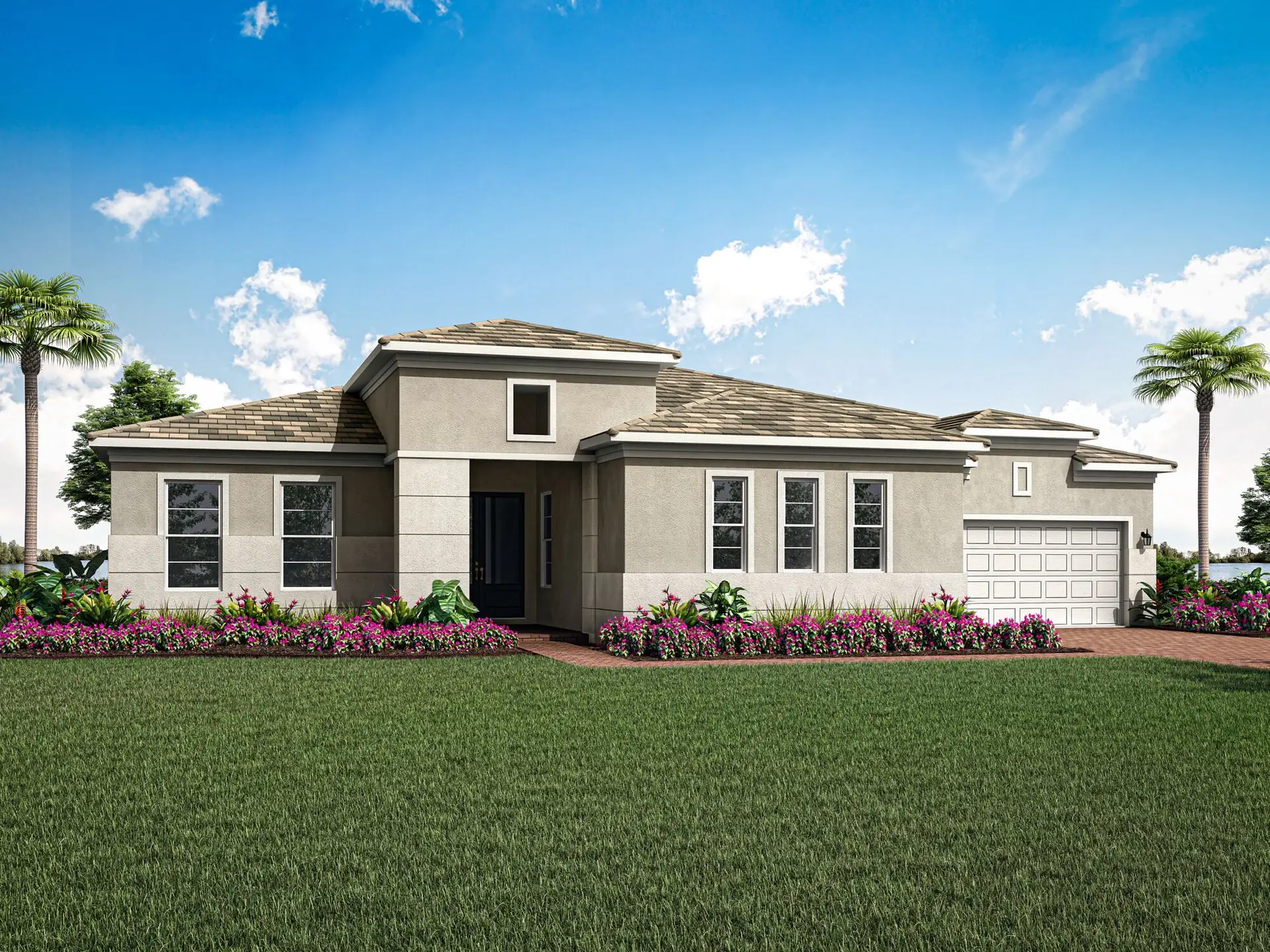 Front exterior of a new home in Tradition - Seville, Port St. Lucie, FL, highlighting curb appeal (Image 1).