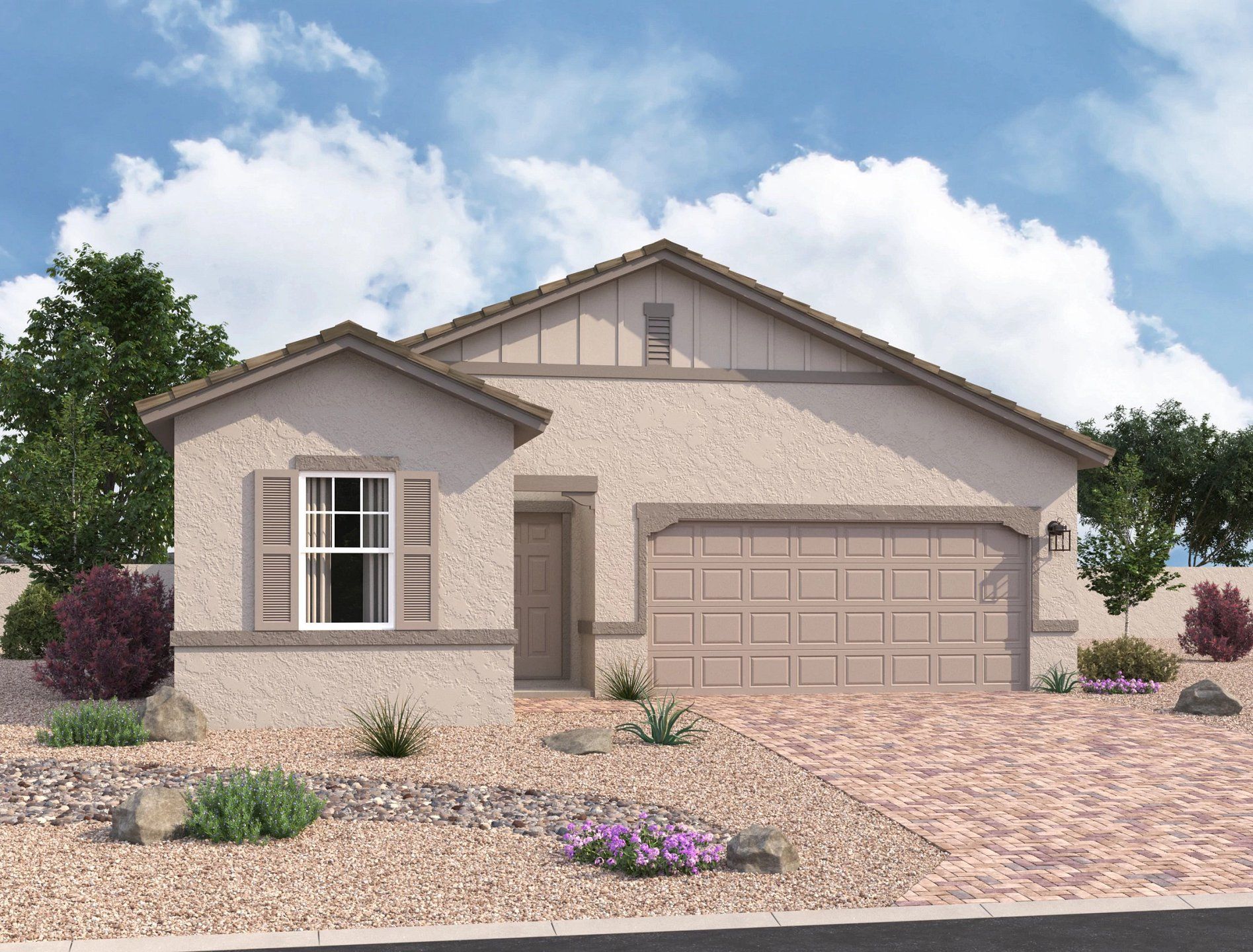 Front exterior of a new home in The Trails, Phoenix, AZ, highlighting curb appeal (Image 1). Front exterior of a new home in The Trails, Phoenix, AZ, highlighting curb appeal (Image 1).