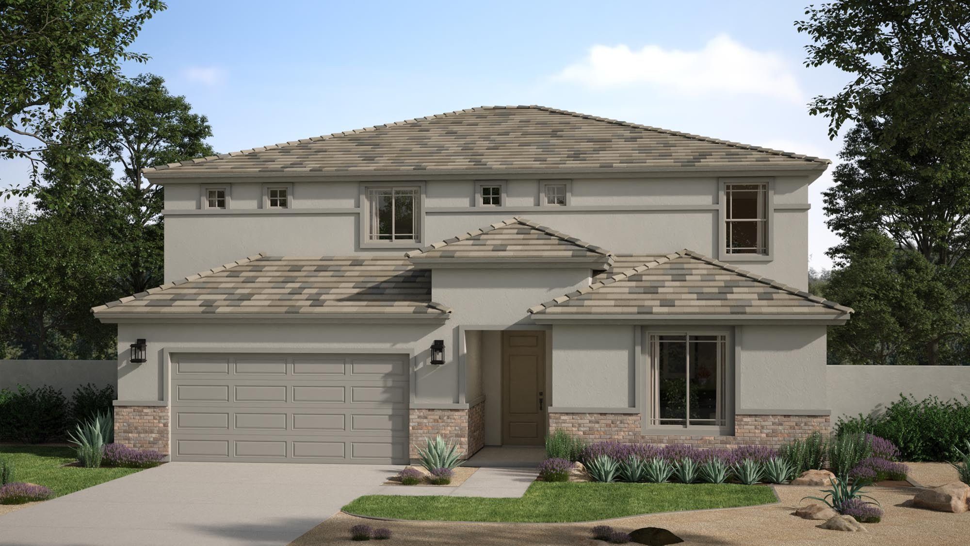 Front exterior of a new home in Bentridge, Buckeye, AZ, highlighting curb appeal (Image 1). Front exterior of a new home in Bentridge, Buckeye, AZ, highlighting curb appeal (Image 1).