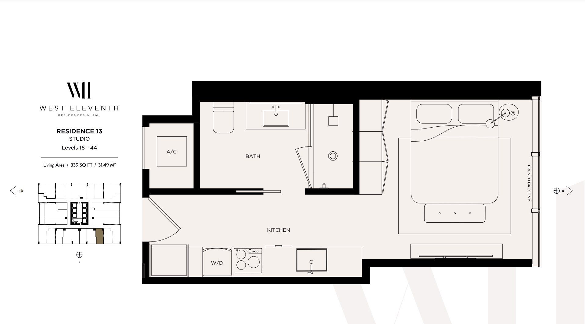 2D floor plan layout for the Residence 13 by Property Markets Group in West Eleventh Residences, Miami, FL (Image 1).