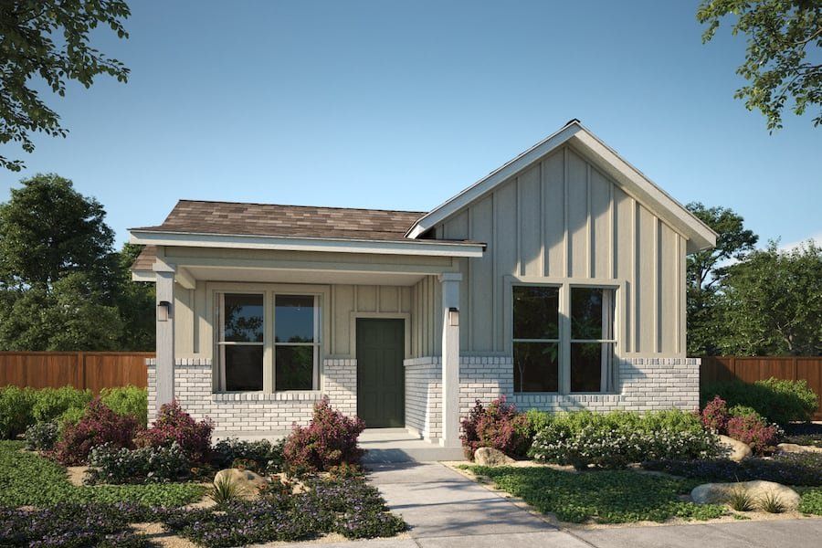 Front exterior of a new home in Porter Country, Buda, TX, highlighting curb appeal (Image 1). Front exterior of a new home in Porter Country, Buda, TX, highlighting curb appeal (Image 1).