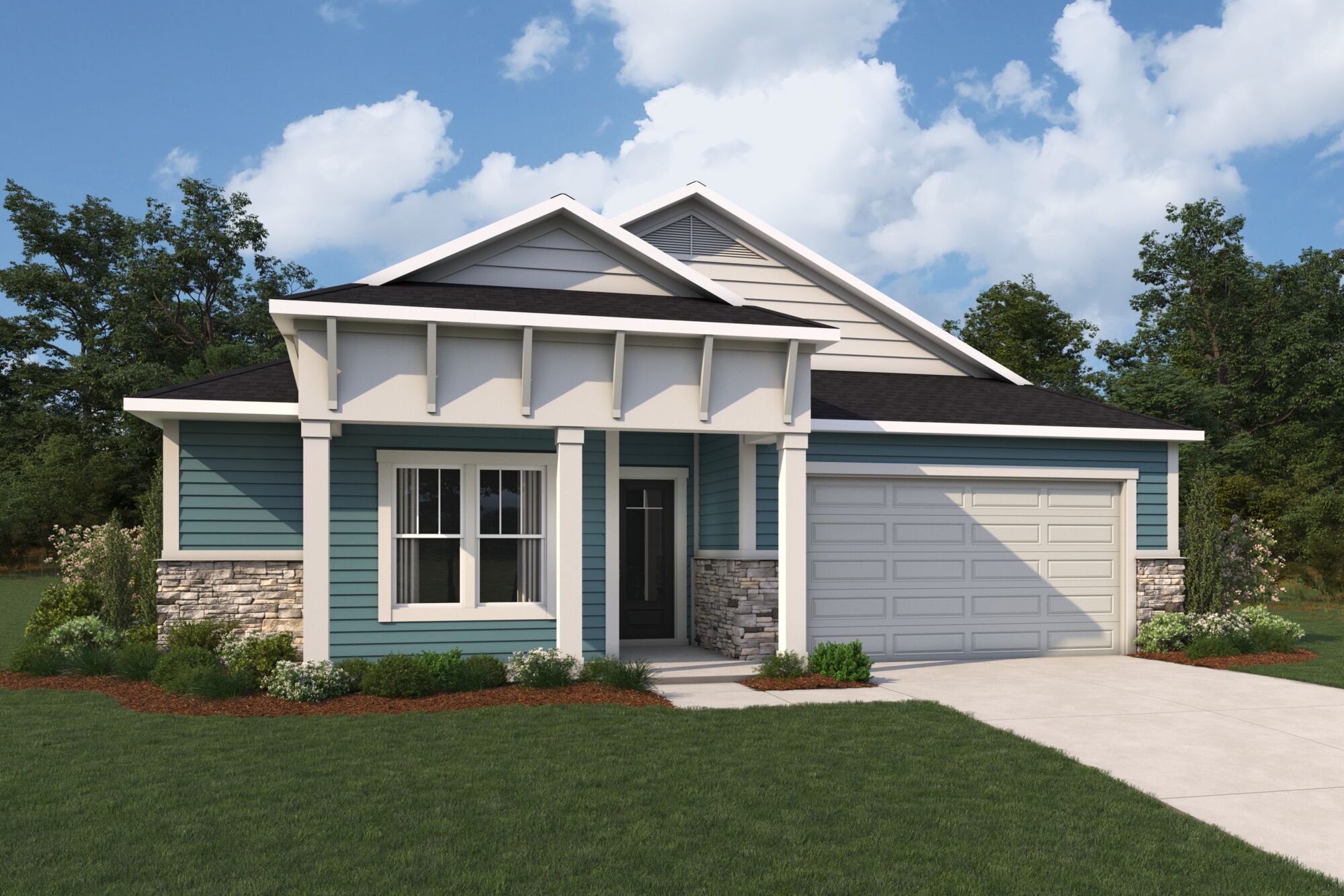 Front exterior of a new home in RiverTown, St. Johns, FL, highlighting curb appeal (Image 1). Front exterior of a new home in RiverTown, St. Johns, FL, highlighting curb appeal (Image 1).