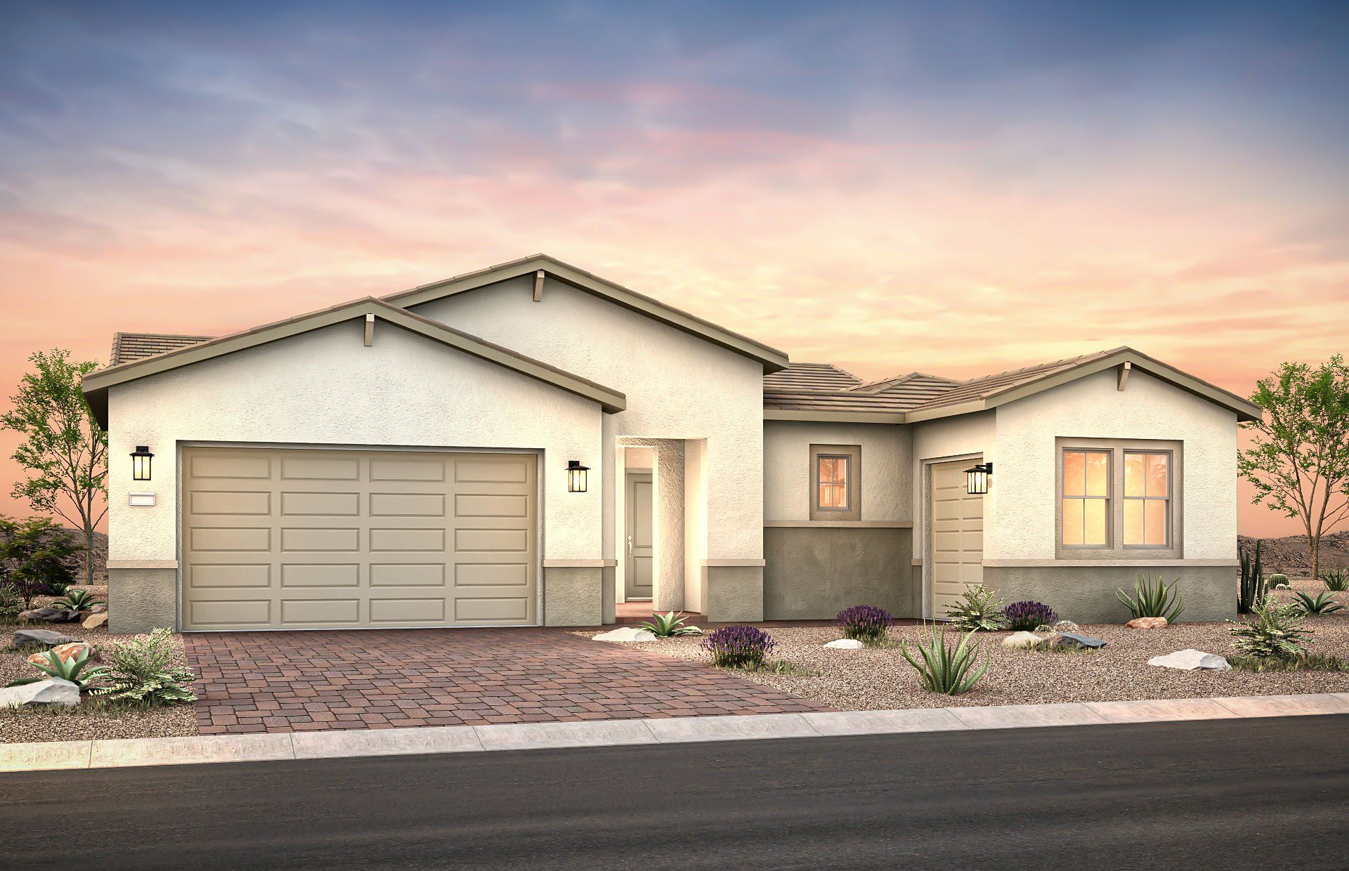 Front exterior of a new home in Sun City Anthem at Merrill Ranch, Florence, AZ, highlighting curb appeal (Image 1). Front exterior of a new home in Sun City Anthem at Merrill Ranch, Florence, AZ, highlighting curb appeal (Image 1).