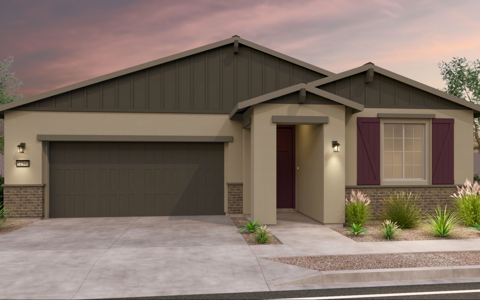 Front exterior of a new home in Blossom Rock, Apache Junction, AZ, highlighting curb appeal (Image 1). Front exterior of a new home in Blossom Rock, Apache Junction, AZ, highlighting curb appeal (Image 1).