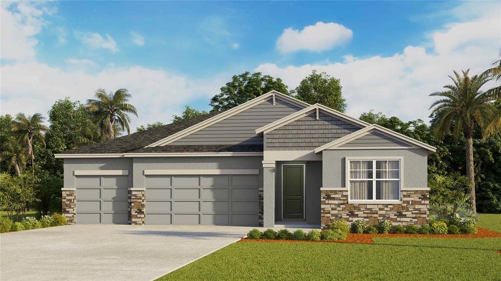Front exterior of a new home in Archer at Two Rivers, Zephyrhills, FL, highlighting curb appeal (Image 1). Front exterior of a new home in Archer at Two Rivers, Zephyrhills, FL, highlighting curb appeal (Image 1).