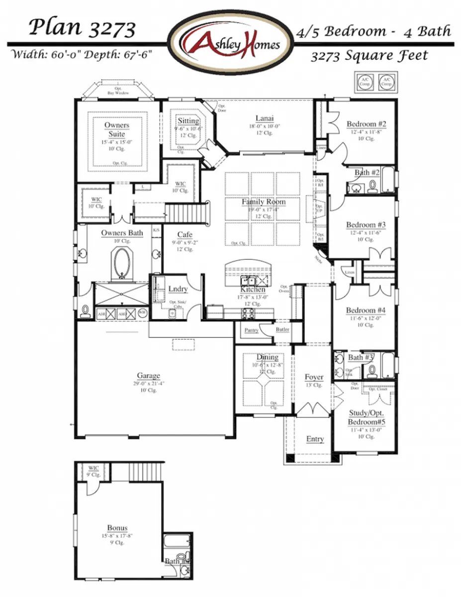 2D floor plan layout for the Plan 3273 by Ashley Homes, LLC in Courtney Oaks in SilverLeaf, St. Augustine, FL (Image 1).