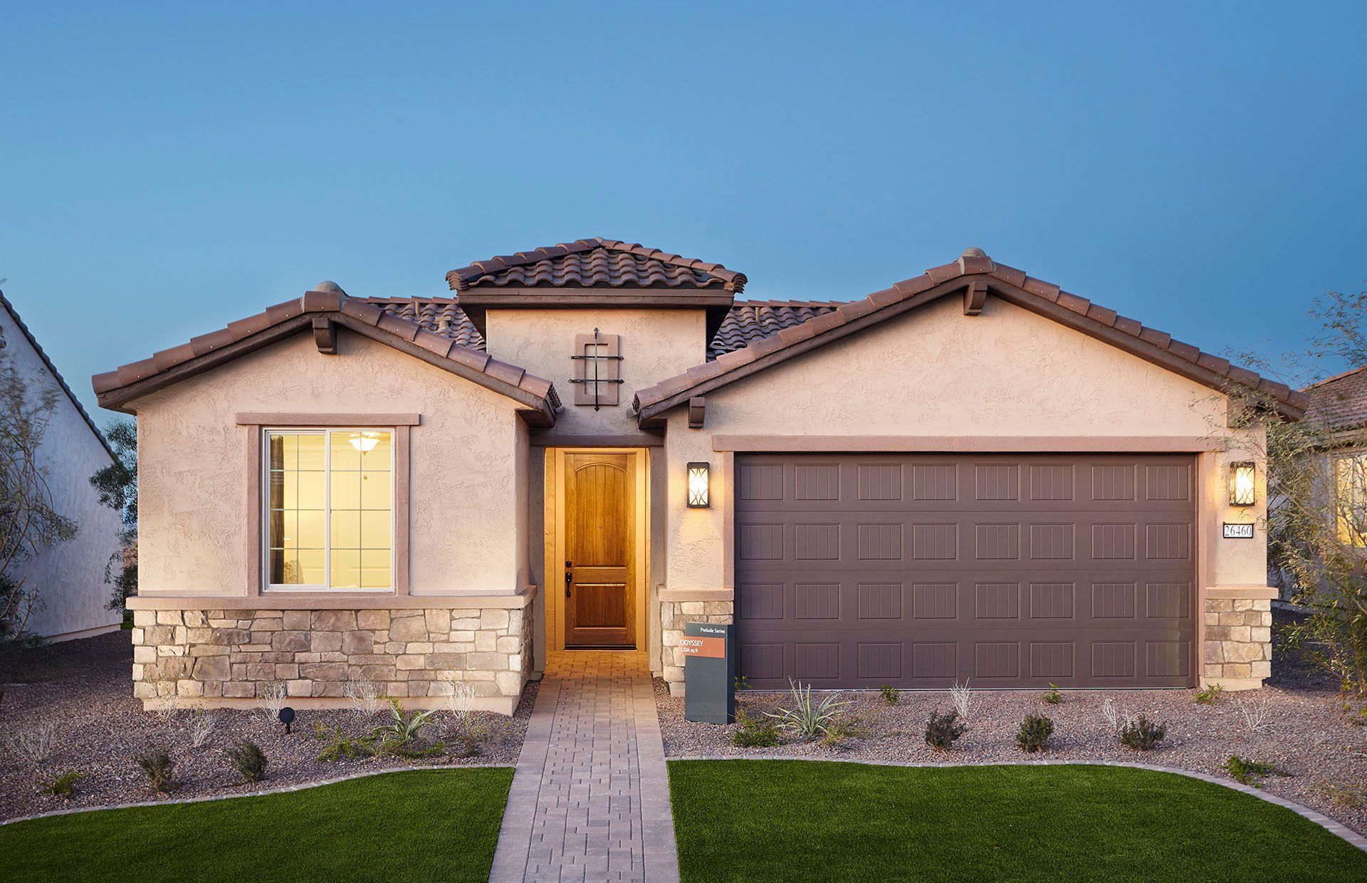 Front exterior of a new home in Sun City Festival, Buckeye, AZ, highlighting curb appeal (Image 1). Front exterior of a new home in Sun City Festival, Buckeye, AZ, highlighting curb appeal (Image 1).