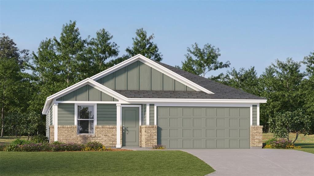 Craftsman-style house featuring board and batten siding, a garage, driveway, a front lawn, and brick siding Craftsman-style house featuring board and batten siding, a garage, driveway, a front lawn, and brick siding