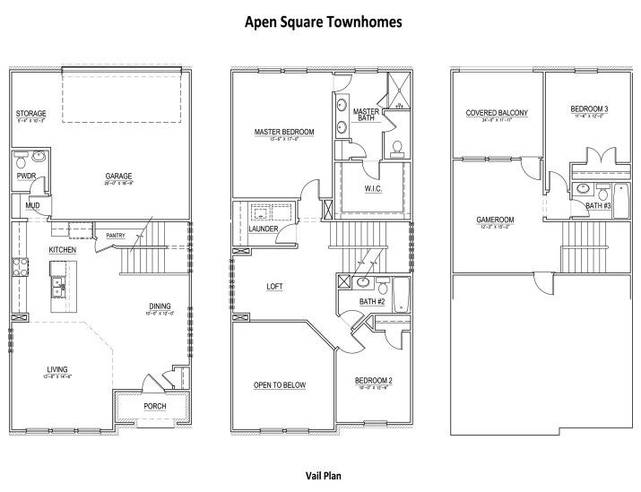 2D floor plan layout for the Vail by Aspen Square Homes in Aspen Square Townhomes, Irving, TX (Image 1).
