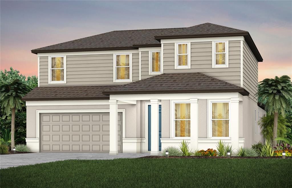 Front exterior of a new home in Riversong, Parrish, FL, highlighting curb appeal (Image 1). Front exterior of a new home in Riversong, Parrish, FL, highlighting curb appeal (Image 1).