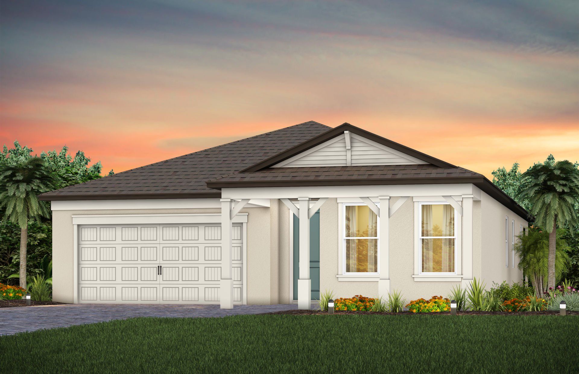 Front exterior of a new home in Spencer Glen, Riverview, FL, highlighting curb appeal (Image 1). Front exterior of a new home in Spencer Glen, Riverview, FL, highlighting curb appeal (Image 1).