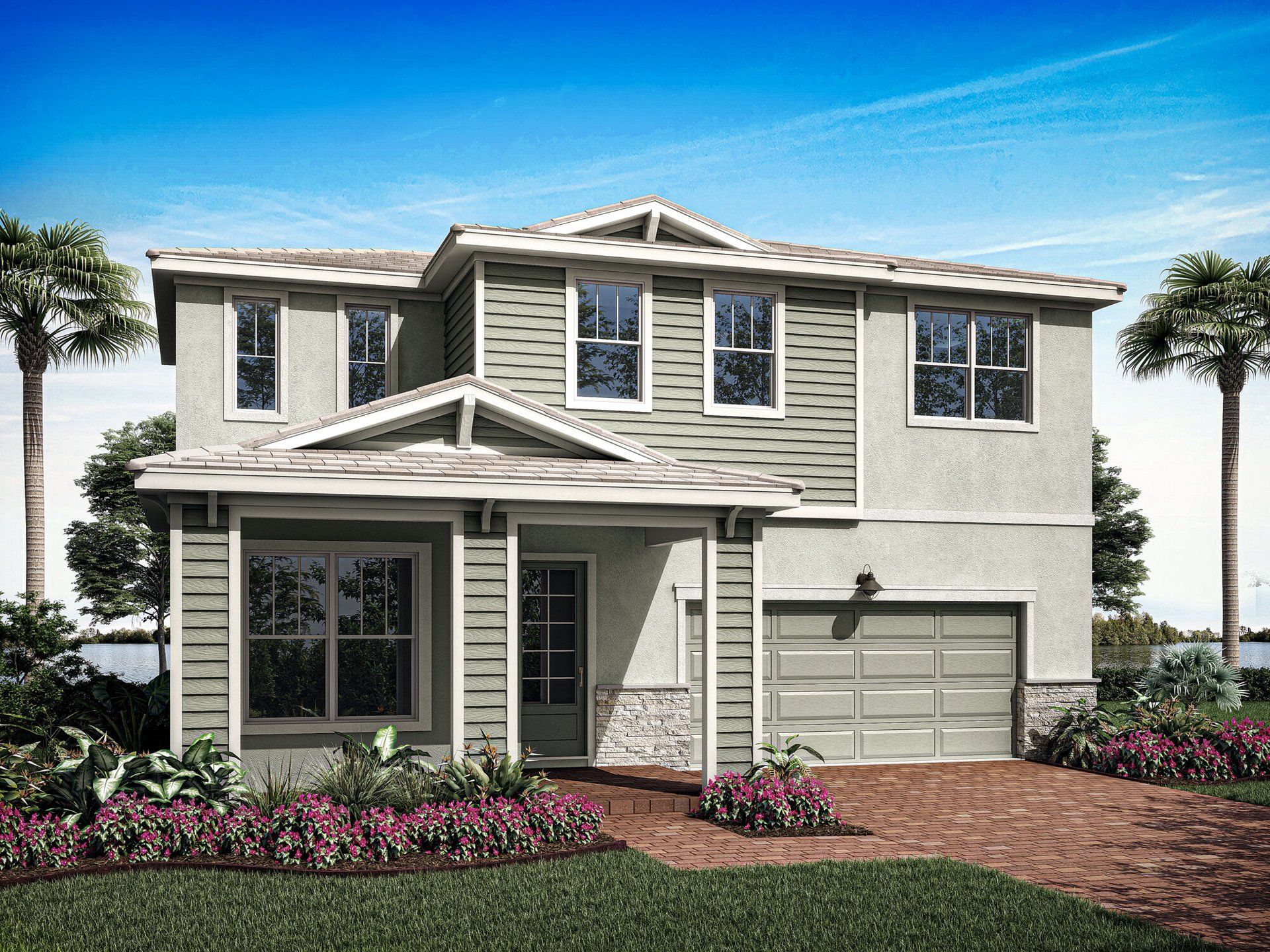 Front exterior of a new home in Tradition - Seville, Port St. Lucie, FL, highlighting curb appeal (Image 1).
