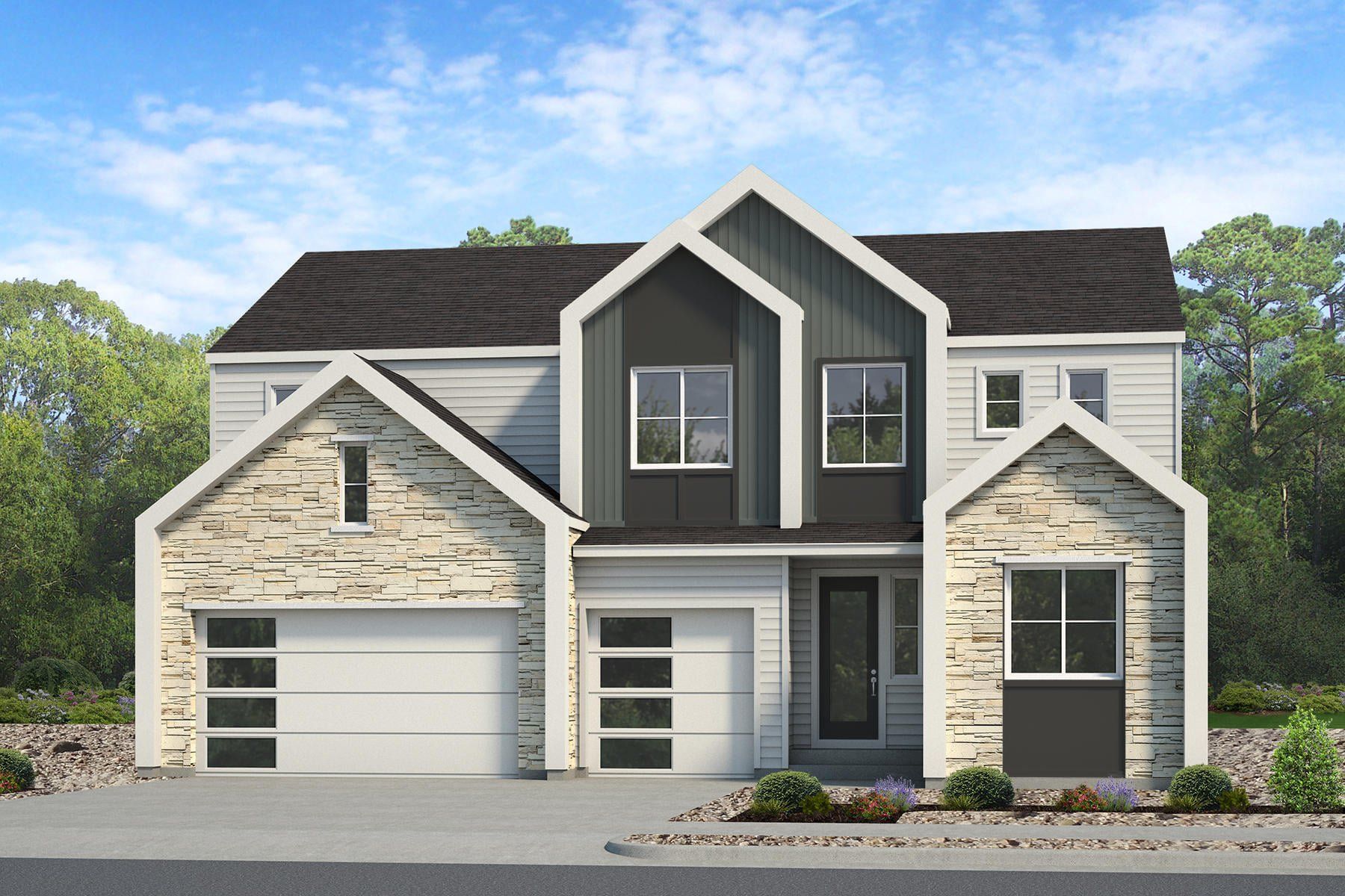 Front exterior of a new home in The Aurora Highlands, Aurora, CO, highlighting curb appeal (Image 1). Front exterior of a new home in The Aurora Highlands, Aurora, CO, highlighting curb appeal (Image 1).