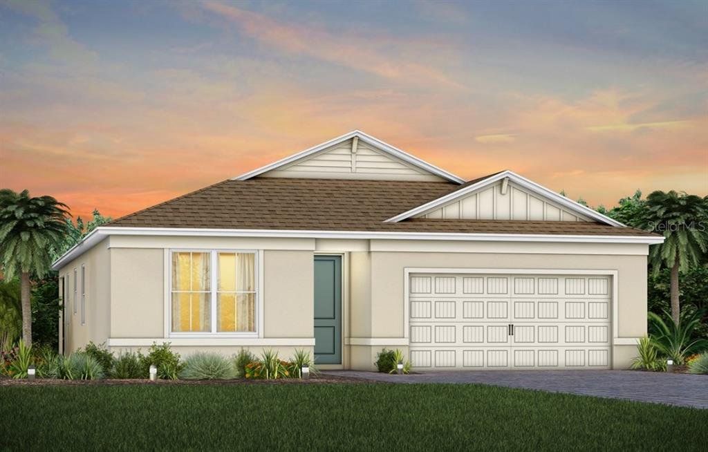 Front exterior of a new home in EverBe, Orlando, FL, highlighting curb appeal (Image 1). Front exterior of a new home in EverBe, Orlando, FL, highlighting curb appeal (Image 1).